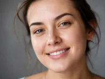 After Using The Blemish Remover The Same Smiling Western Womans Portrait Shows Clearer Skin With Pimples Acne Marks Red Spots And Dark Spots Visibly Reduced While Natural Texture Remains