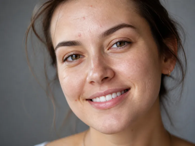 Before Using The Blemish Remover A Smiling Western Womans Portrait Shows Noticeable Pimples Acne Marks Red Spots And Dark Spots Across The Cheeks Forehead And Chin