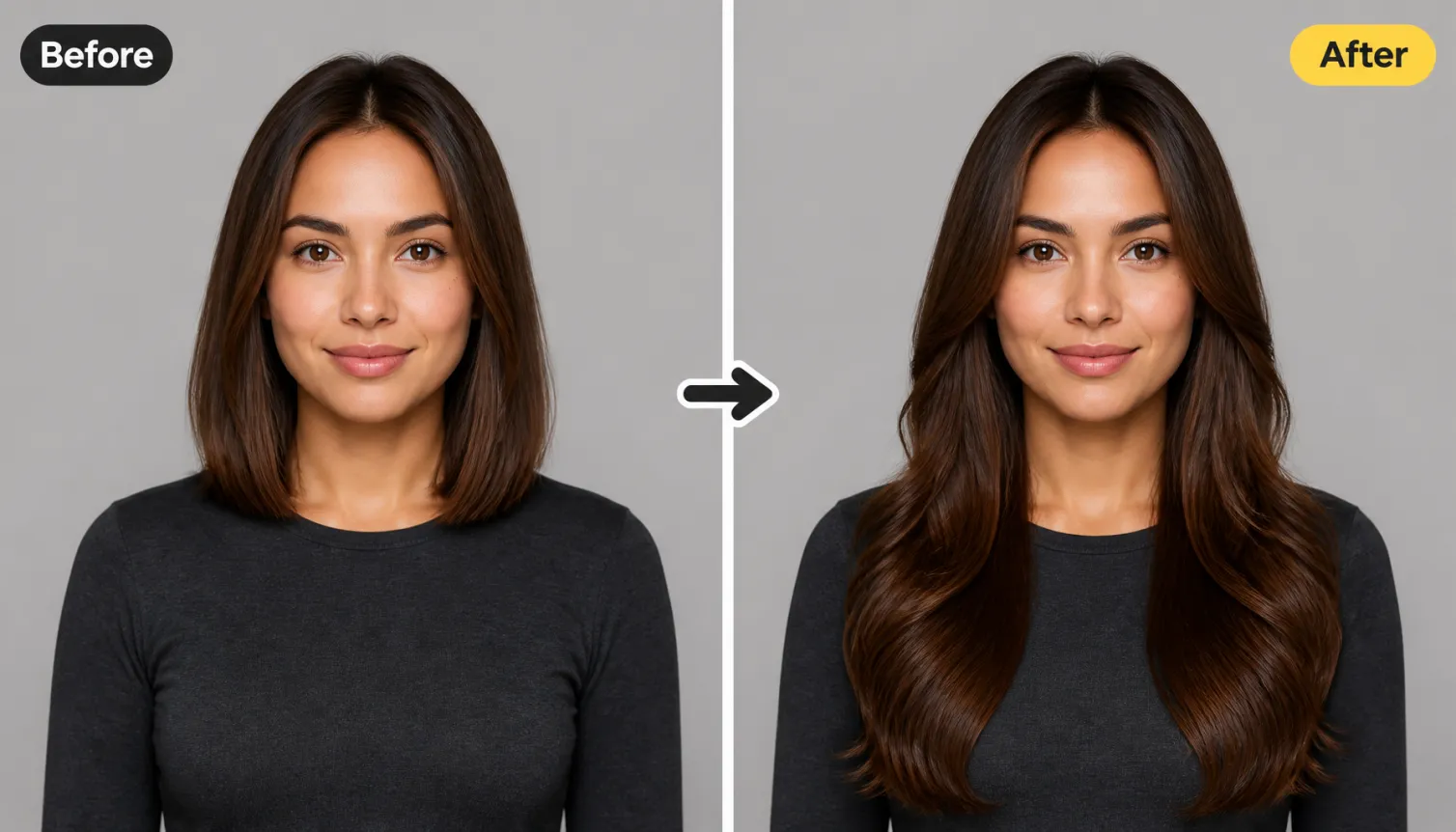 Hero 1 Before After Woman Shoulder Length Brown To Long Layered Waves
