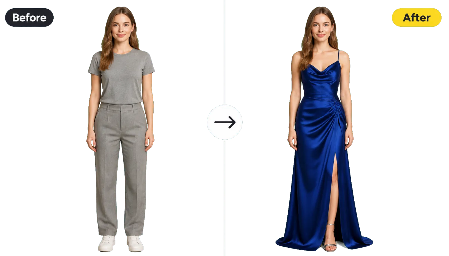Hero 1 Before After Woman Grey Tee To Sapphire Gown
