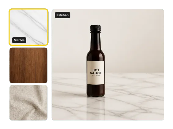 Usecase 3 Hot Sauce Bottle On Marble Counter With Surface Swatches