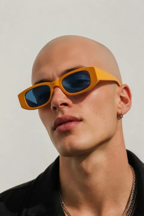 Same Young Man Shown Bald After The Ai Bald Filter Still Wearing Orange Sunglasses