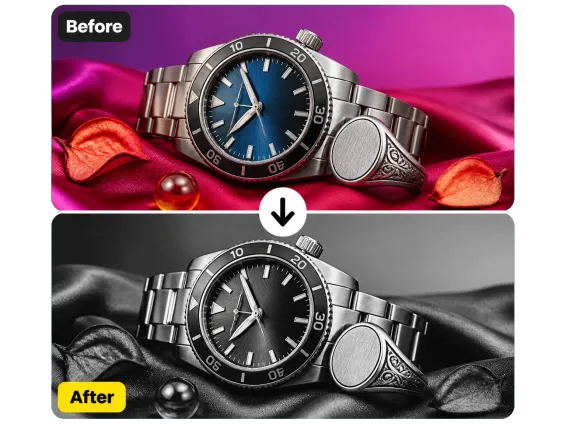 Usecase 2 Silver Watch Product Photo Colour Noise Removed In Black And White