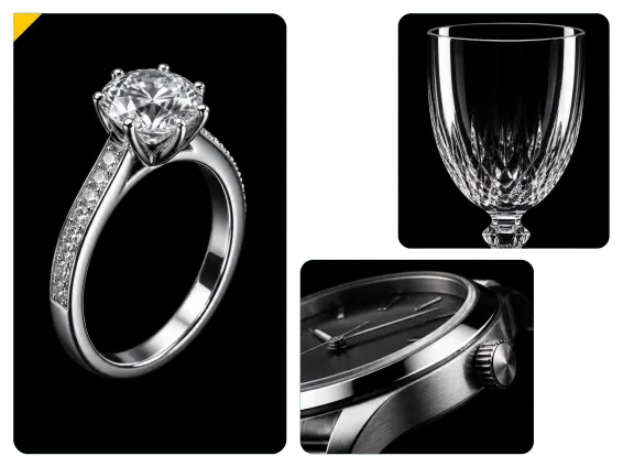 Usecase 3 Diamond Ring Crystal Glass And Steel Watch On Black Background