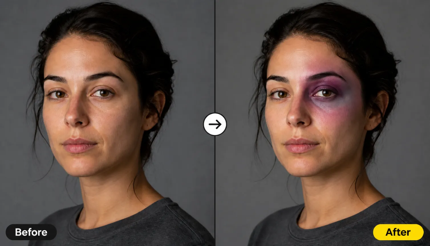 Hero 1 Before After Woman Costume Black Eye Makeup