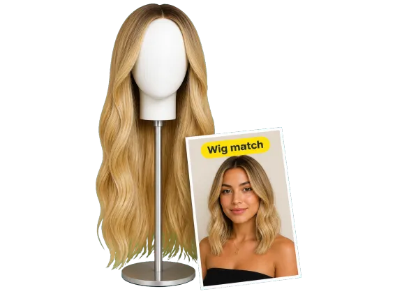 Usecase 4 Blonde Result Photo Beside Wig On Stand