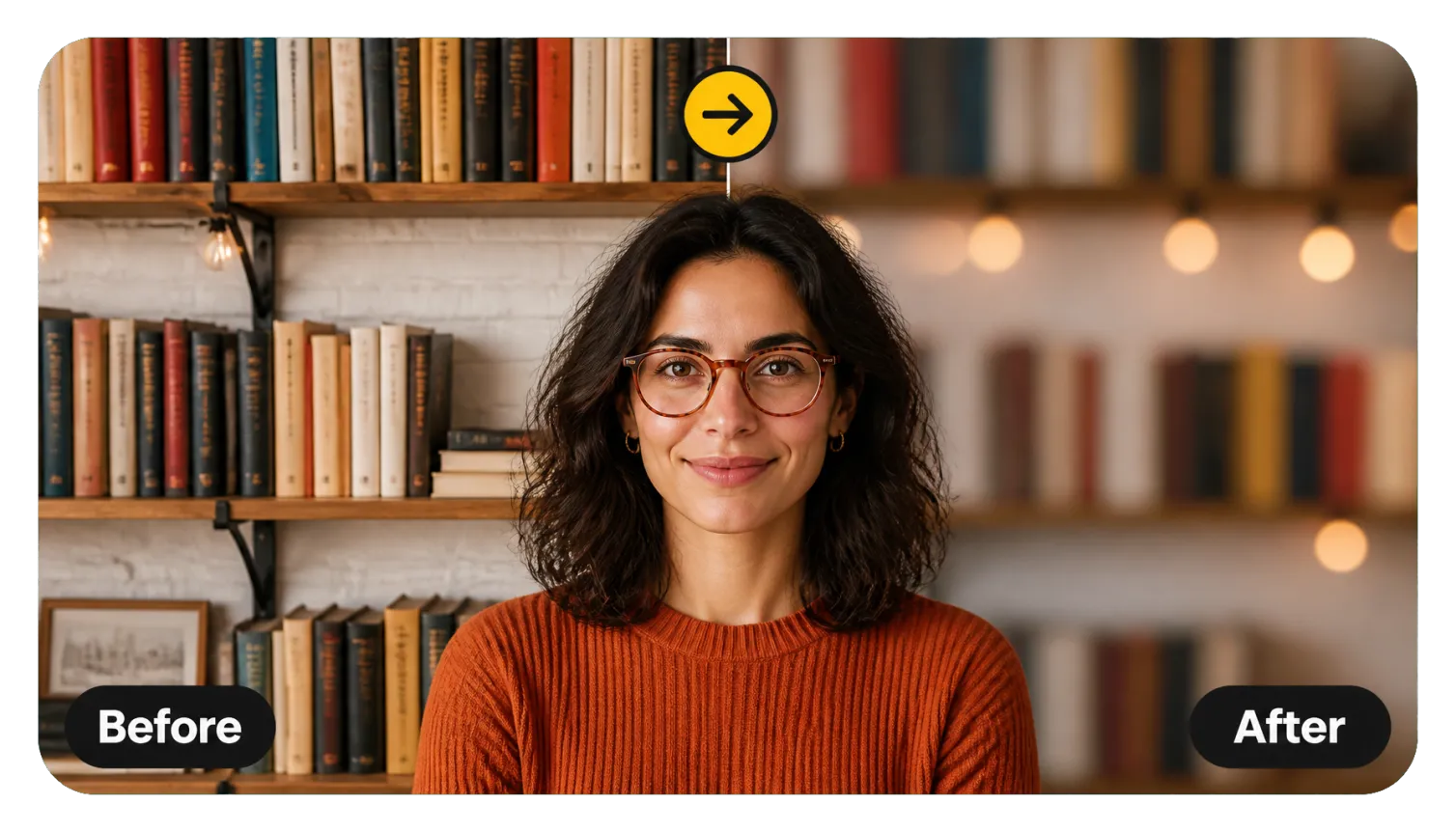 Hero 1 Before After Portrait With Cluttered Bookshelf Blurred Into Bokeh