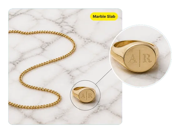 Usecase 2 Gold Chain And Signet Ring Flat Lay On Marble With Detail Loupe