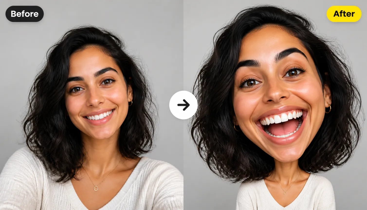 Hero 1 Before After Normal Selfie To Big Head Grin Woman