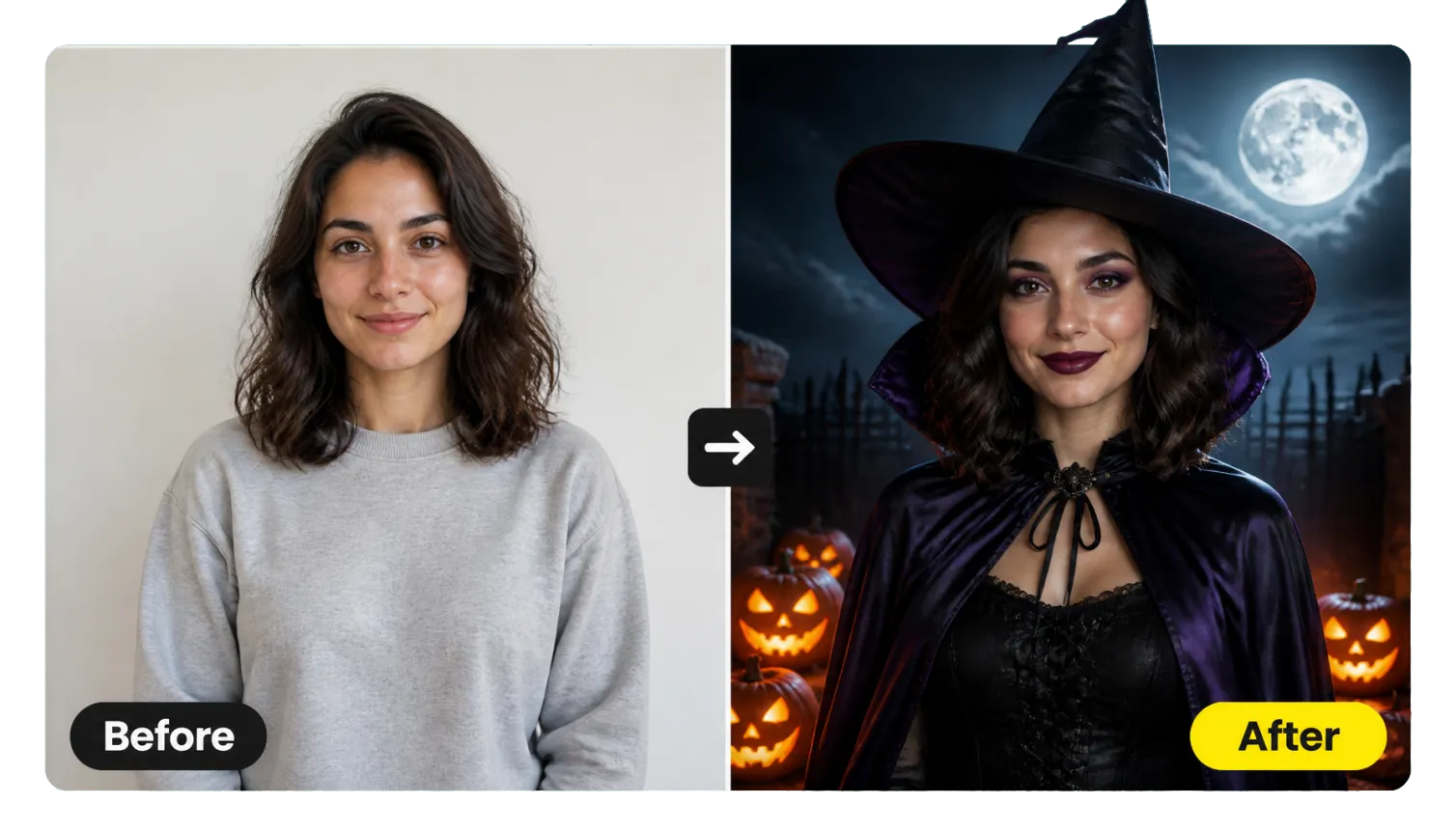 Hero 1 Before After Woman Everyday Photo To Witch Costume