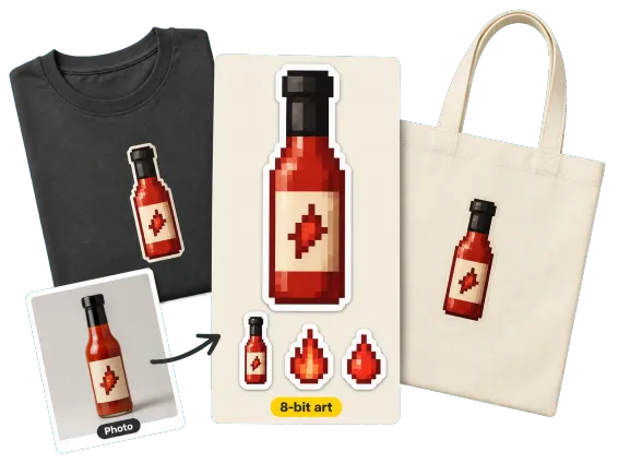 Usecase 3 Product Photo As 8 Bit Sticker Sheet And Merch