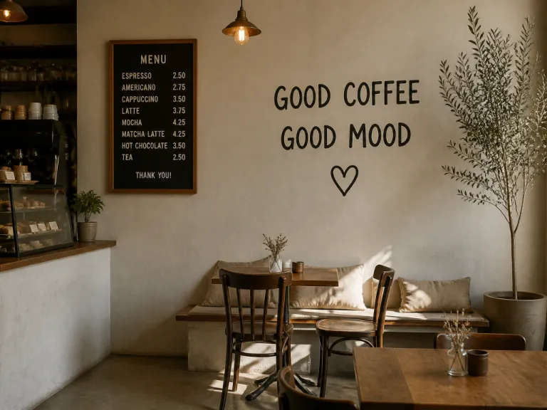 Before Ai Text Removal A Cafe Wall Photo Has A Menu Sign And Painted Words Distracting From The Clean Interior Background.