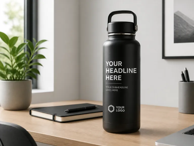 Before Cleanup A Mockup Image Has Placeholder Headline Text And A Sample Logo Sitting On Top Of The Product Area.