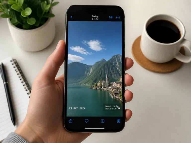 Before Editing A Mobile Photo Shows A Travel Date Stamp And Small Caption Across The Lower Corner Of The Image.