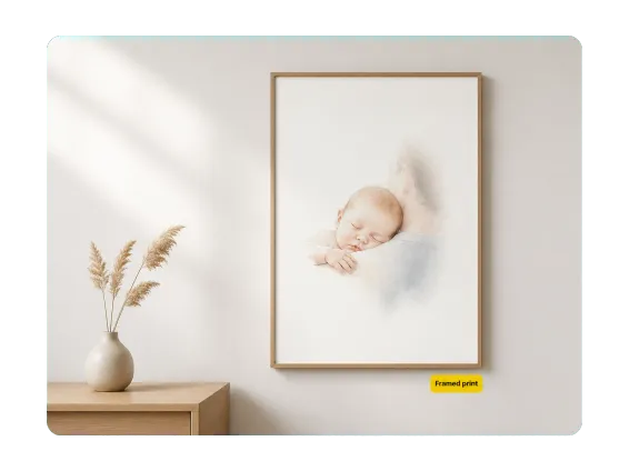 Usecase 1 Watercolor Newborn Portrait Framed On A Wall